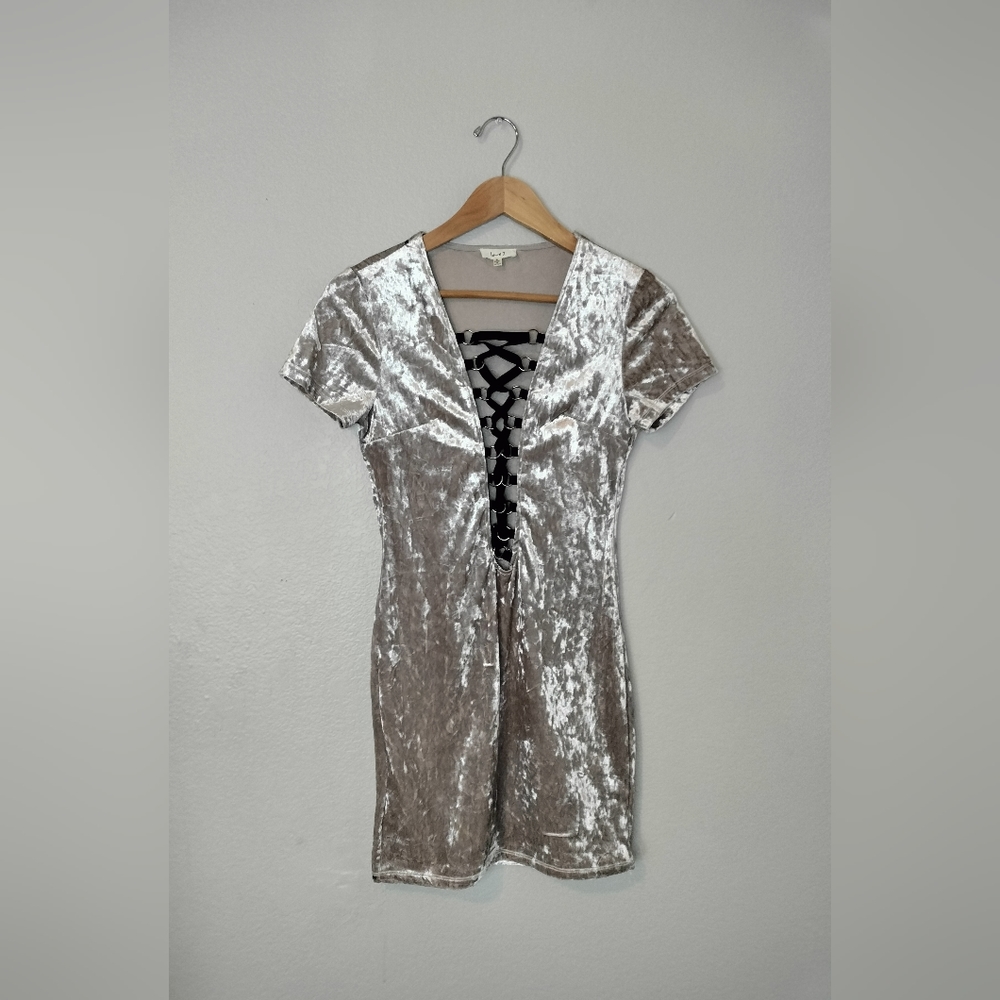 Velvet Taupe Champagne Color Mini T-Shirt Dress with Black Criss Cross Front